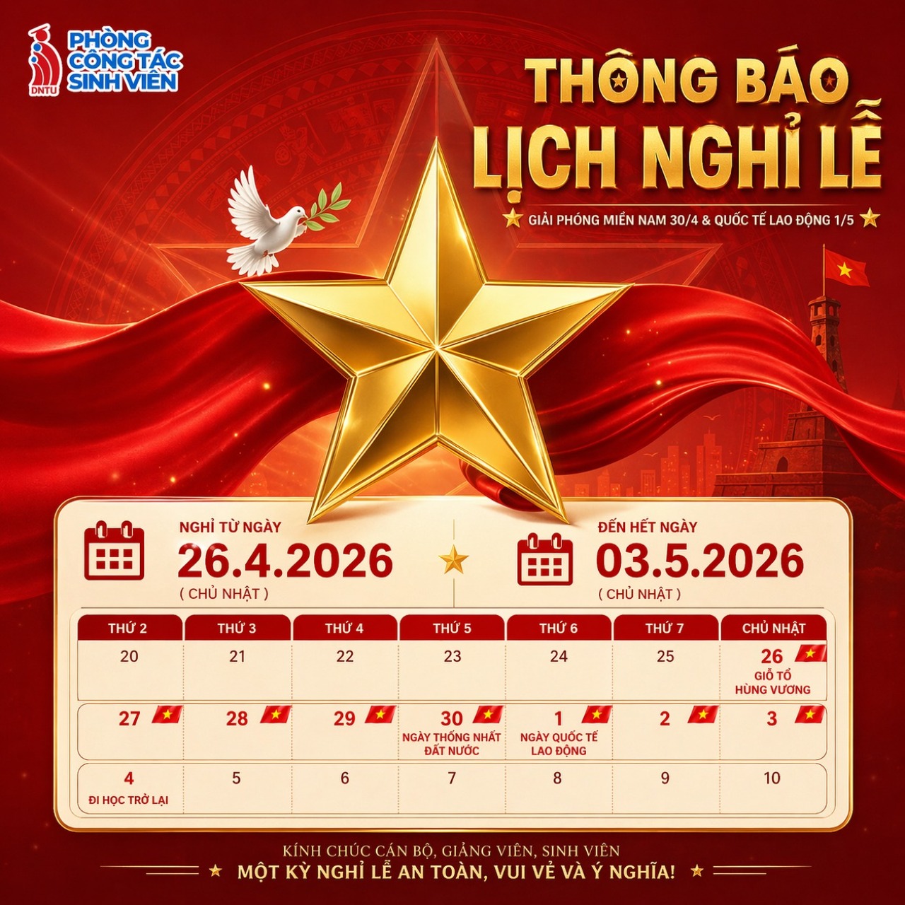 THÔNG BÁO VỀ LỊCH NGHỈ LỄ 30/04 - 01/05/2026